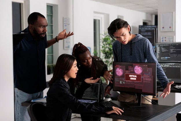 A diverse group of cybersecurity professionals collaborating in a modern office, symbolizing teamwork and shared intelligence.
