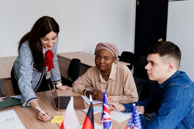 A group of adult refugees participating in an English language class, with textbooks open and a teacher facilitating, symbolizing integration efforts and learning.