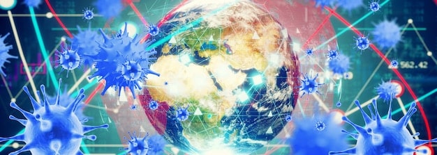 A visual representation of global health threats, featuring interconnected icons for viruses, climate change, antibiotic resistance symbols, and rising temperatures, all encircling a central globe, emphasizing their interconnected and borderless nature.