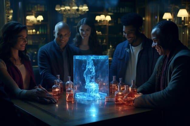 A diverse group of policymakers and ethicists intensely discussing around a table, with holographic AI visualizations projected above, representing the complex ethical choices involved in AI policy.