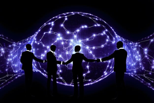 Leaders from various nations shaking hands over a holographic globe, with AI-related data streams flowing around them, symbolizing international cooperation and governance efforts on AI.