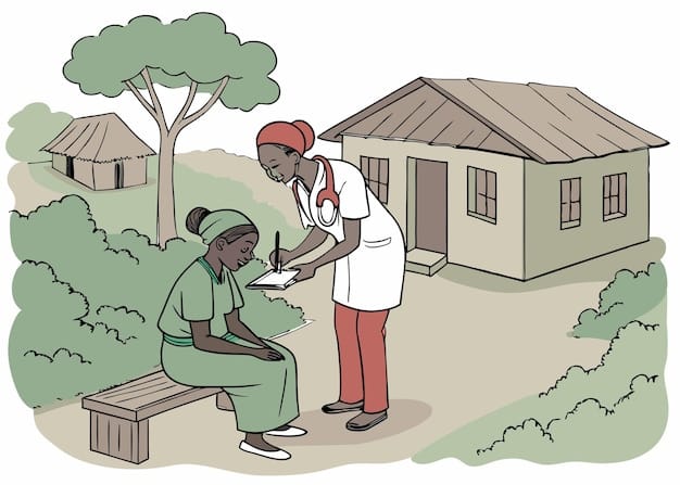 A community health worker in a rural African village conducting a health check-up for a child, with local people observing respectfully in the background. The scene conveys care, community engagement, and accessible healthcare services.