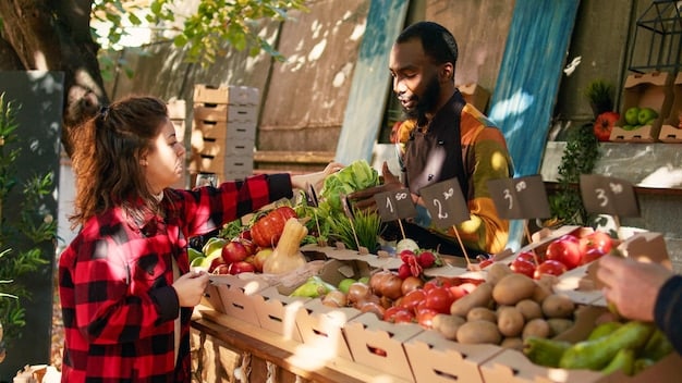 A vibrant, busy farmers market in a developing nation. Farmers are selling fresh produce, with signs of good harvest and economic activity. This image represents successful agricultural aid and improved food security.