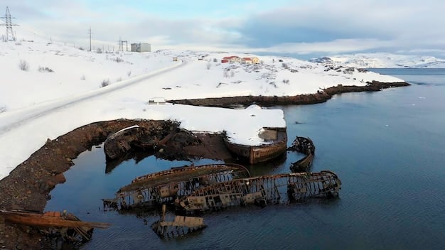A coastline in the Arctic with melting permafrost causing severe erosion, impacting coastal infrastructure and natural landscapes.