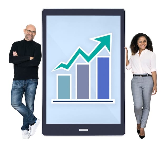 A graph trending upwards, representing a positive GDP growth rate with business professionals analyzing the data around it.