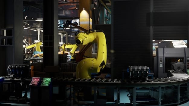 A high-tech manufacturing floor with robotic arms and technicians working on automated systems, representing the increasing demand for skilled labor in advanced manufacturing.