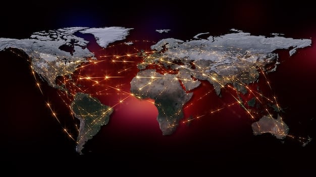 A digital rendering of a world map highlighting various points of supply chain disruption including natural disasters, cyber attacks, and trade war zones.