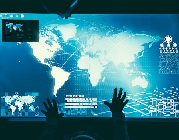 A digital representation of a global supply chain network viewed through a high-tech interface, displaying real-time data analytics, tracking information, and predictive alerts for potential disruptions.