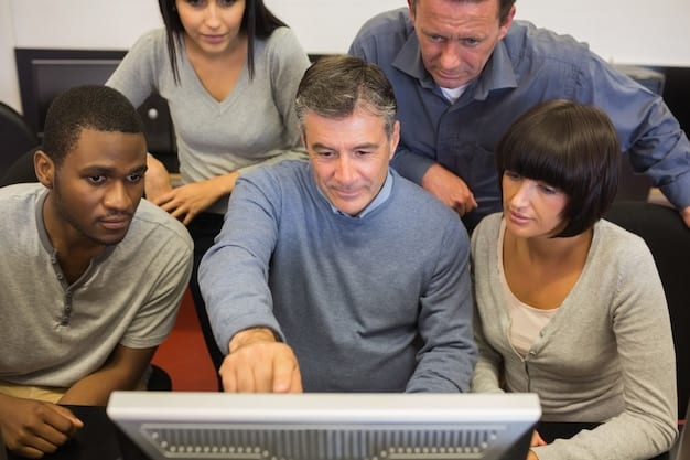 A diverse group of employees participating in a training session related to AI and automation technologies. The image should convey a sense of collaboration, learning, and adaptation in the face of technological advancements.