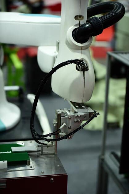 A close-up shot of a robotic arm assembling a product on a manufacturing line. The robot's movements are precise and efficient, highlighting the advantages of automation in terms of speed and accuracy. The background is blurred to focus on the robotic arm.