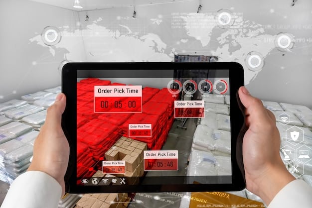 A split-screen image showing, on one side, a bustling import warehouse with goods arriving from overseas, and on the other side, a dashboard with real-time data on exchange rates and tariff changes.