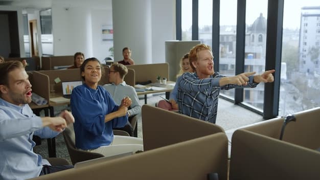 Employees in a modern office setting, consciously turning off lights and computers at the end of the workday, promoting energy conservation practices.