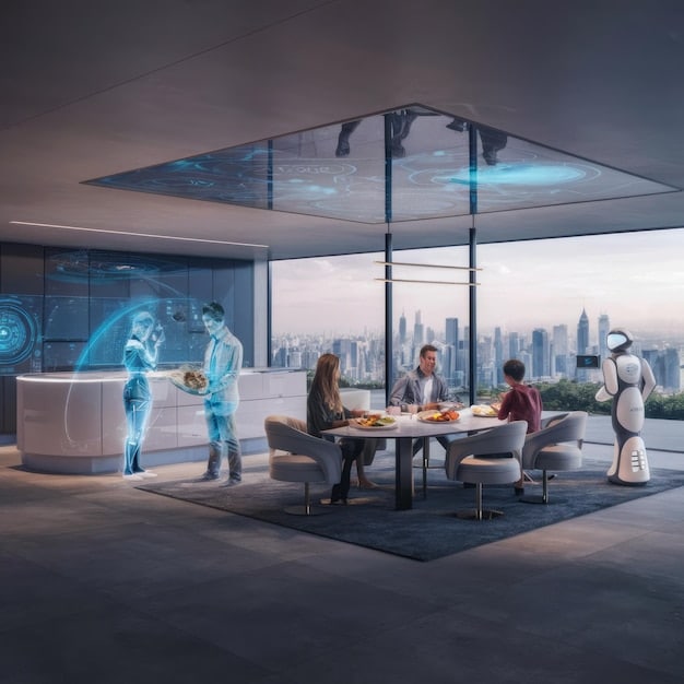 A futuristic office setting with holographic displays and employees interacting with AI-powered tools, illustrating the impact of technology on the future of work.