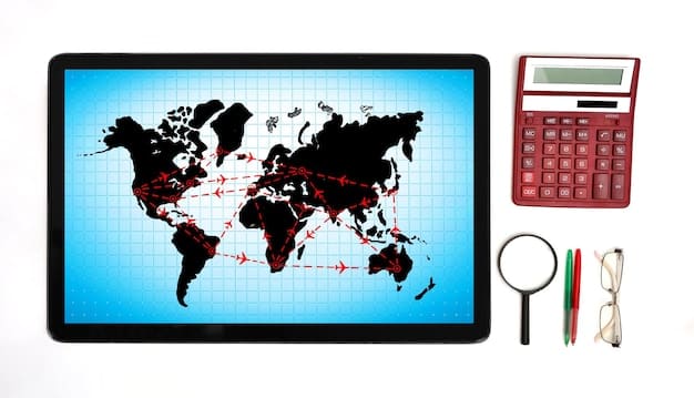 A digital display showing a global map with shipping routes highlighted and overlaid with increasing cost percentages, visually representing the predicted rise in shipping expenses.