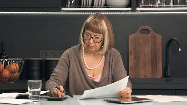 A close-up of a businesswoman reviewing tax documents with a calculator and financial reports on her desk, emphasizing meticulous planning.