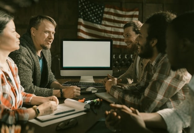 A group of diverse employees participating in a cybersecurity training session, with a presentation slide displaying the importance of strong passwords and avoiding phishing scams. The image should convey a sense of engagement and learning.