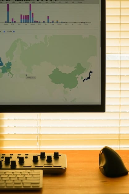 A close-up of a computer screen showing various data analytics tools and software interfaces, with graphs, charts, and code snippets visible. The screen is set against a blurred background of a busy tech office, symbolizing the integration of data analytics into everyday business operations.