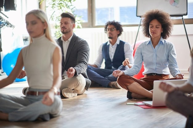 A group of employees participating in a wellness activity, such as a yoga class or a health fair, in a brightly lit office setting.