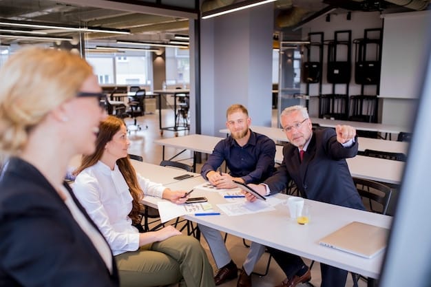 A professional boardroom setting with business leaders engaged in a strategic discussion, looking at a digital dashboard displaying financial data and growth projections. The image should convey strategic planning and high-level decision-making.