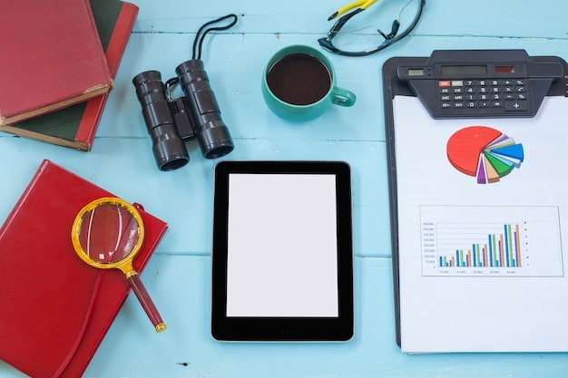A detailed flat lay of a business analyst's desk with charts, graphs, a tablet displaying financial data, and a laptop with a complex spreadsheet. The image should convey data analysis, strategic thinking, and financial planning.