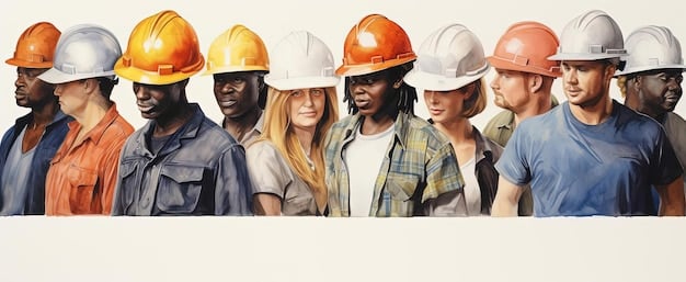 Group of construction workers wearing hard hats and safety vests, looking at blueprints on a job site, symbolizing workforce and development.