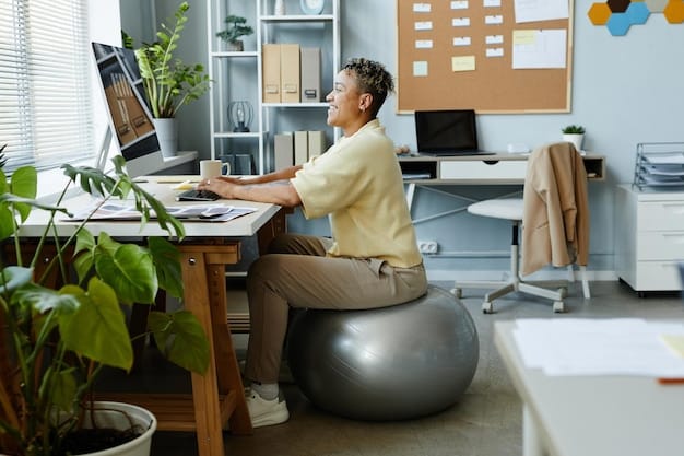 A remote employee sitting ergonomically at a well-lit desk in a home office, with elements signifying comfort and safety, such as a comfortable chair, proper monitor height, and good lighting, alluding to healthy work-from-home practices.