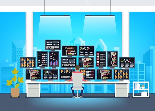 A futuristic control room with multiple screens displaying real-time data visualizations of a global supply chain. Icons of ships, trucks, and factories are moving on a digital map, with analytical overlays showing risk assessments and optimal routes. People in the foreground are monitoring the data intently.