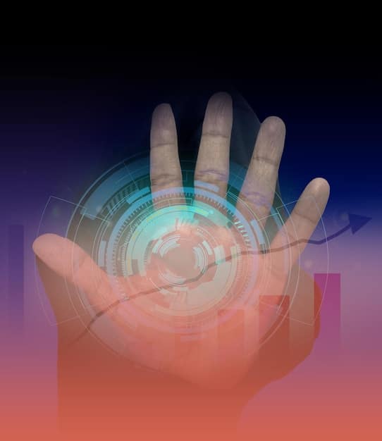 A close-up shot of a human hand interacting with a holographic interface displaying data analytics and process flows, symbolizing human co-existence and control over advanced automation systems.