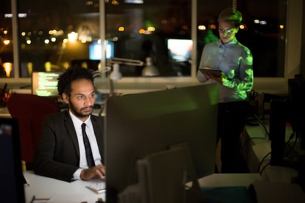 A bustling office environment with employees participating in a cybersecurity awareness training session, looking engaged with presentations on phishing and data privacy.