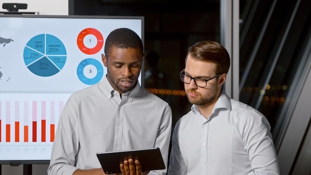 A diverse group of business executives and data scientists collaboratively analyzing charts and data on large screens, illustrating a successful partnership between human expertise and AI insights for strategic planning.