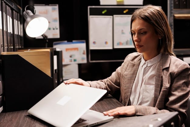 A professional recruiter sitting at a desk, looking at a computer screen filled with data visualizations and various candidate profiles, depicting advanced recruitment technology and data analysis for talent sourcing.