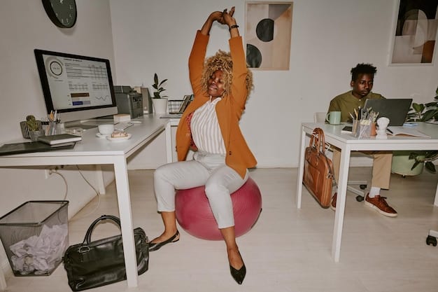 A person happily practicing yoga in a bright, modern home office space during a work break, illustrating work-life balance and flexible work arrangements. There's a laptop discreetly open in the background.