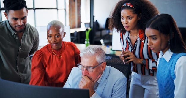 A diverse team in a modern office, including older and younger people, collaborating on a project with a whiteboard filled with ideas. The older worker is pointing to a diagram, illustrating experience sharing.