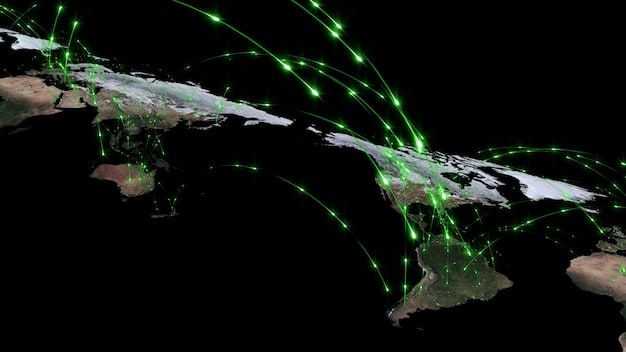 A detailed world map with specific countries highlighted in a vibrant green, indicating promising emerging markets, with data overlays showing economic growth projections.