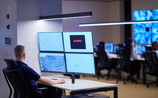 A security operations center (SOC) with multiple screens displaying real-time network monitoring data, threat alerts, and security analysts actively investigating potential incidents.