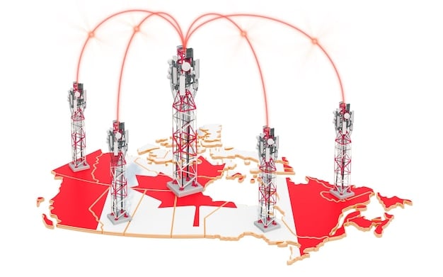 A visual representation of major telecom companies (e.g., Verizon, T-Mobile, AT&T) overlaid on a map of the United States, highlighting the geographic areas where they secured spectrum licenses. Include company logos and data streams overlaying the map.