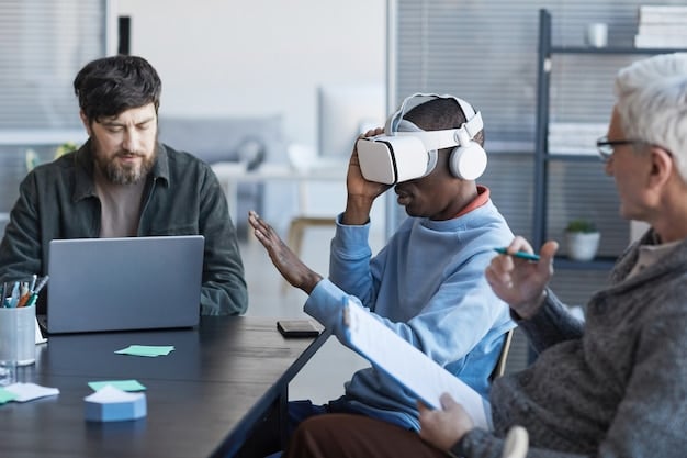 A person wearing a VR headset, participating in a virtual meeting with colleagues from around the world, showcasing the metaverse's potential for remote collaboration.