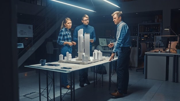 A group of engineers collaborating on a virtual 3D model of a product in a metaverse environment, showcasing the technology's application in design and engineering.