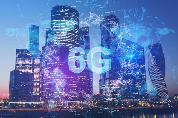 A futuristic image showing 5G towers alongside edge computing data centers, with data flowing seamlessly between them. The scene should evoke speed, connectivity, and technological advancement.