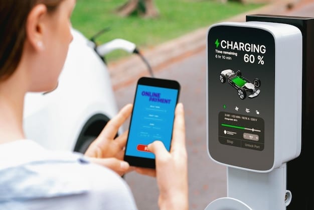 A futuristic electric vehicle charging wirelessly using inductive technology on a smart city street. The charging pad is embedded in the road, with indicators showing the energy transfer. The environment includes sustainable urban elements like green walls and energy-efficient streetlights.