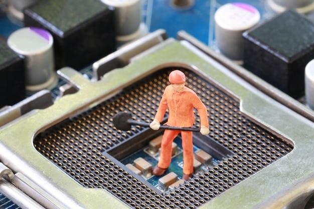 A close-up of a robotic arm precisely assembling small electronic components on a circuit board, with a worker supervising in the background. The focus is on the precision and speed of the robot.