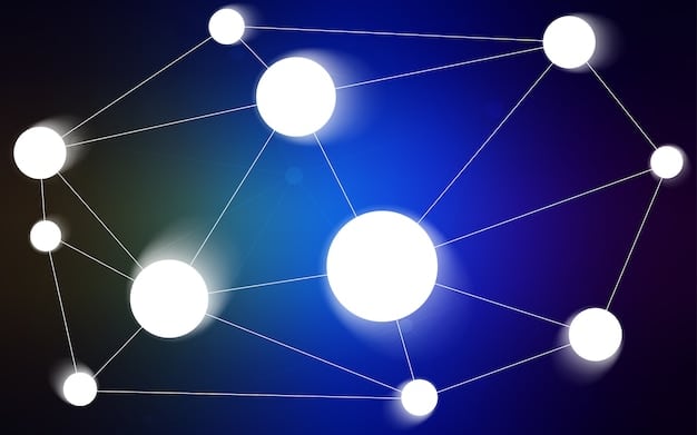 A stylized graphic depicting a network of interconnected nodes representing a blockchain. Each node displays financial symbols such as dollar signs ($), euro signs (€), and bitcoin symbols (₿). The background represents a modern cityscape, subtly suggesting the integration of blockchain technology into urban life and global financial systems.