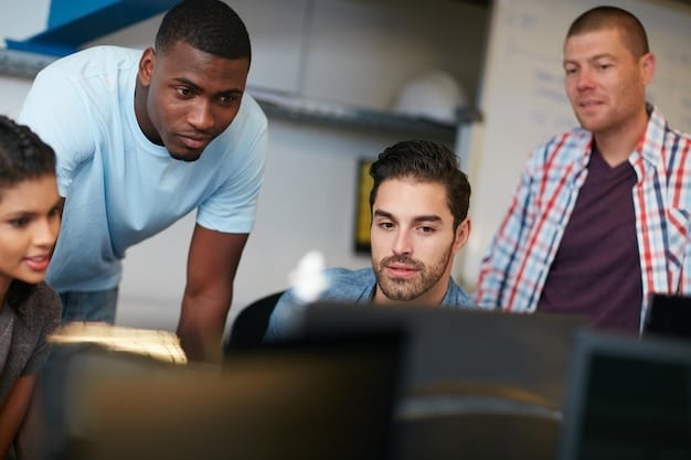 A group of tech interns from diverse backgrounds participating in a coding workshop. The scene showcases a collaborative and supportive learning environment.
