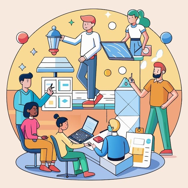 A stylized illustration of a diverse group of entrepreneurs collaborating on a digital project, symbolizing innovation and fair competition.