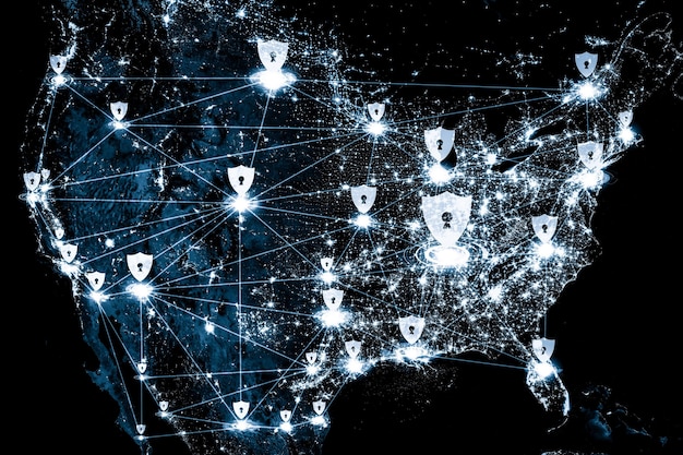 A visual representing cybersecurity professionals from government and private sectors collaborating around a digital map of the US, with cybersecurity intelligence flowing between them.