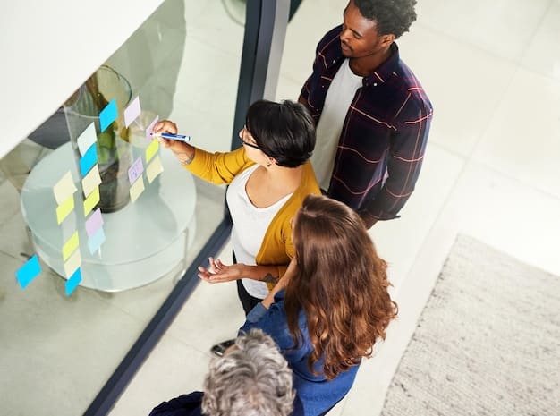 A diverse group of people collaborating around a large, transparent digital interface displaying ethical AI principles and data flow diagrams, representing responsible innovation and compliance workshops.