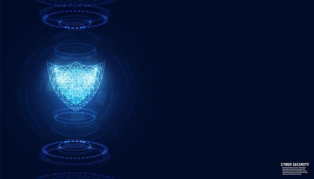 A stylized digital padlock integrated with a network of glowing data points, representing cybersecurity. A dark background with subtle lines forming a shield-like shape to emphasize protection.