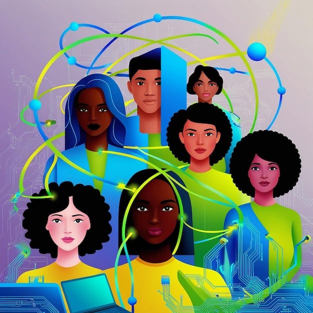 A diverse group of avatars of different shapes, sizes, and colors interacting positively in a vibrant metaverse environment, emphasizing inclusivity and digital connection.