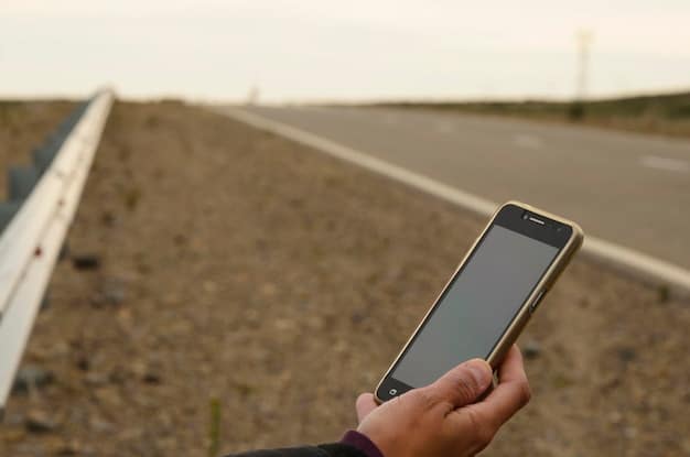 A close-up of a hand holding a 5G-enabled smartphone, displaying speed test results in a vibrant, digital overlay, with a blurred backdrop of rural American countryside.
