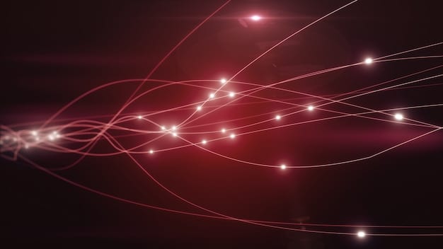 A visual representation of a complex network graph, with nodes glowing red to indicate active ransomware infections spreading across different departments within a US business. The pathways show the propagation, emphasizing the interconnectedness of systems and the speed of attack.
